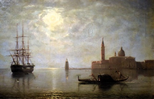 XIXe siècle - Venise, San Giorgio Maggiore au clair de lune - Baron Deslanders E.A. daté 1877